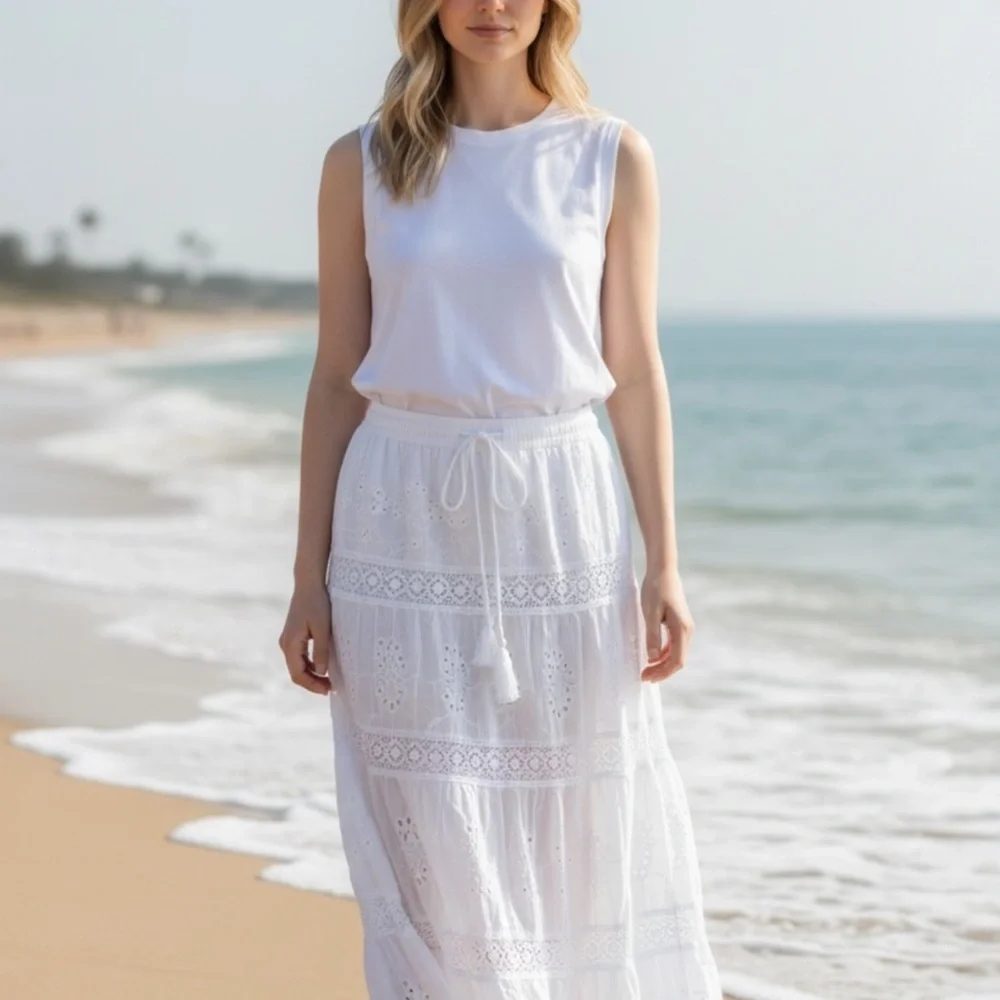 White Waves L/XL White Eyelet Maxi Skirt with Tassel Drawstring